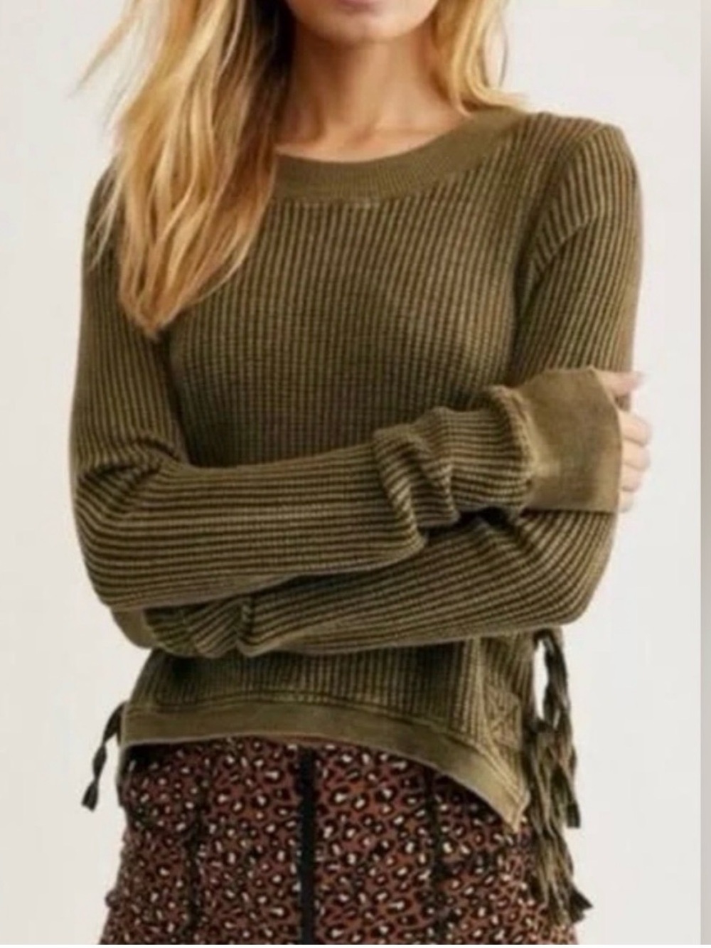Free People Ribbed Crewneck Sweater with Side Ties — Olive Grunge